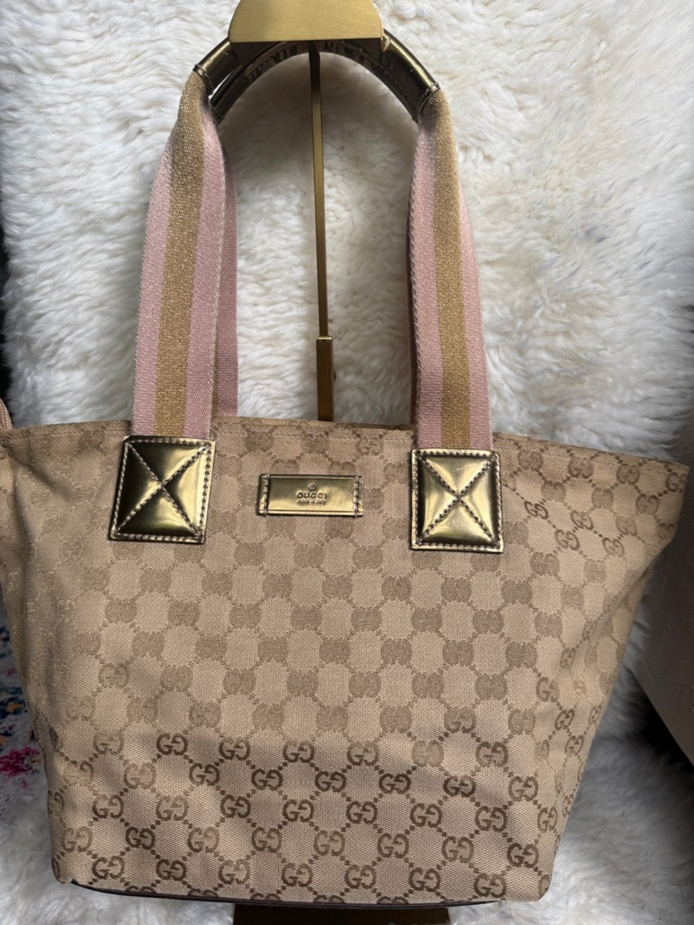 Gucci Beige Tan Monogram Canvas Tote with Pink & Gold Accents Authentic
